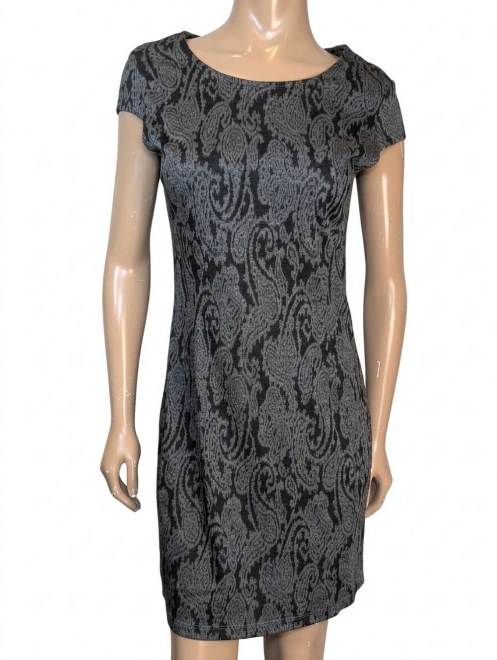 Paisley Jacquard Knit Sheath Dress Grey Black Cap Sleeve Bodycon Above Knee